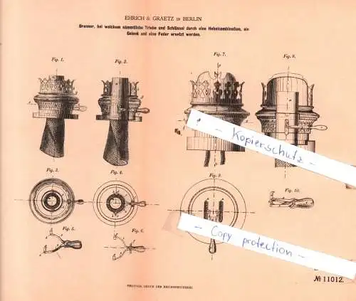 original Patent - Ehrich & Graetz in Berlin , 1880 , Brenner, bei welchem Triebe und Schlüssel ersetzt werden !!!