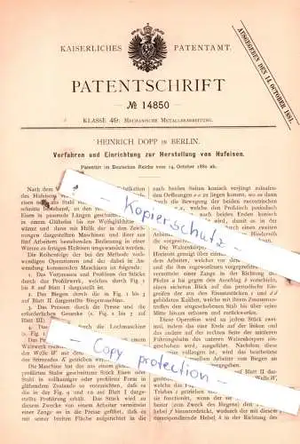 original Patent -  Heinrich Dopp in Berlin , 1880 , Verfahren und Einrichtung zur Herstellung von Hufeisen !!!