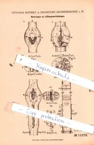 original Patent - Ottomar Ruppert in Frankfurt-Sachsenhausen a. M. , 1879 , Neuerungen an Lüftungsvorrichtungen !!!