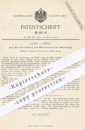 original Patent - A. Icke , Leipzig , 1891 , Zelt mit Vorrichtung zum Nachspannen der Bekleidung | Zelte , Zelten !!