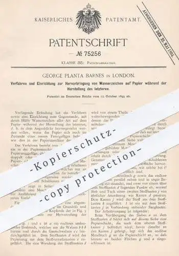 original Patent - George Planta Barnes , London , 1893 , Wasserzeichen auf Papier | Papierfabrik , Papiermaschine !!