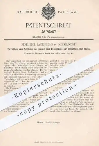 original Patent - F. E. Jagenberg , Düsseldorf 1893 , Aufkleben von Deckelbogen auf Schachteln , Kisten | Papier , Pappe