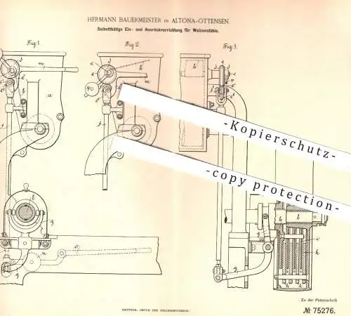 original Patent - Hermann Bauermeister , Hamburg Altona , 1893 , Ein- u. Ausrückvorrichtung für Walzenstuhl | Mühle !!