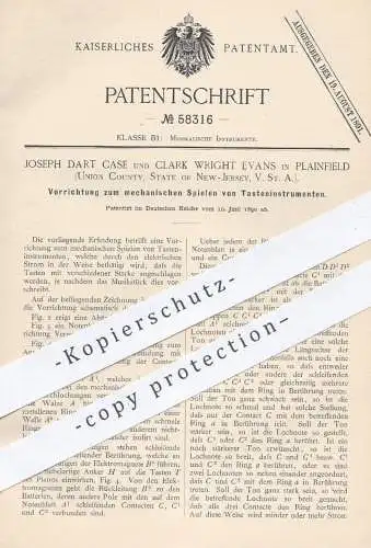 original Patent - Joseph Dart Case / Clark Wright Evans , Plainfield , New Jersey USA 1890 , Tasteninstrument , Klavier