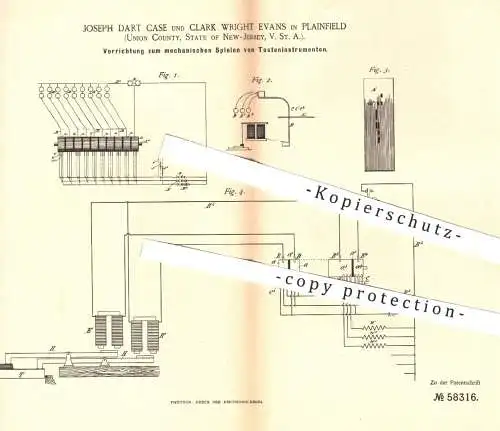 original Patent - Joseph Dart Case / Clark Wright Evans , Plainfield , New Jersey USA 1890 , Tasteninstrument , Klavier