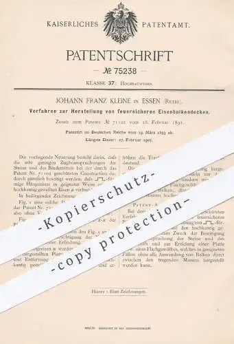 original Patent - Johann Franz Kleine , Essen / Ruhr , 1893 , feuersichere Eisenbalkendecke | Balken - Decke , Eisen