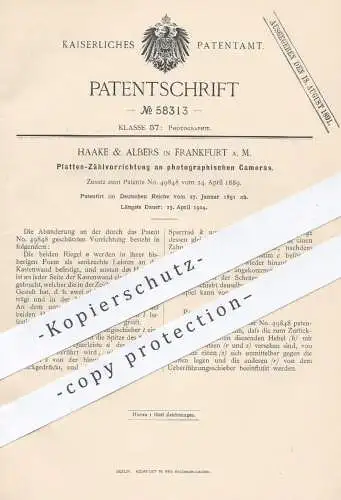 original Patent - Haake & Albers , Frankfurt / Main , 1891 , Platten-Zählvorrichtung an Foto - Kamera | Fotograf !!