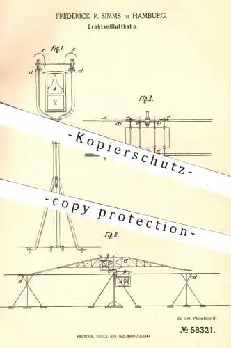 original Patent - Frederick R. Simms , Hamburg , 1890 , Drahtseilluftbahn | Seilluftbahn , Seilbahn , Bahn , Seil !!!