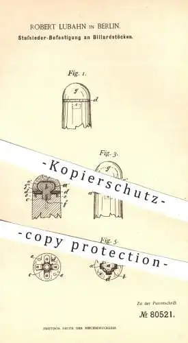 original Patent - Robert Lubahn in Berlin , 1894 , Stoßleder - Befestigung am Billardstock | Billard , Queue , Sport !!