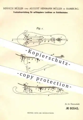 original Patent - Hinrich u. August Hermann Müller , Hamburg , 1894 , Laufeisen am Schlittschuh | Schlittschuhe , Schuh