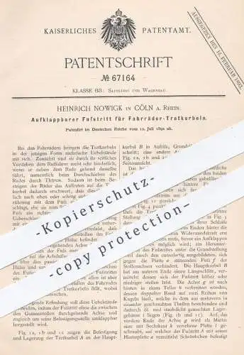 original Patent - Heinrich Nowigk , Köln / Rhein , 1892 , Fußtritt für Fahrräder - Tretkurbeln | Fahrrad , Pedale , Rad