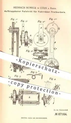 original Patent - Heinrich Nowigk , Köln / Rhein , 1892 , Fußtritt für Fahrräder - Tretkurbeln | Fahrrad , Pedale , Rad