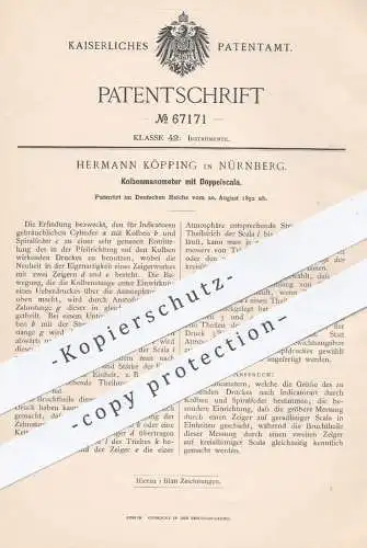 original Patent - Hermann Köpping , Nürnberg , 1892 , Kolbenmanometer mit Doppelskala | Manometer , Indikator !!!