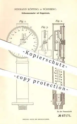 original Patent - Hermann Köpping , Nürnberg , 1892 , Kolbenmanometer mit Doppelskala | Manometer , Indikator !!!