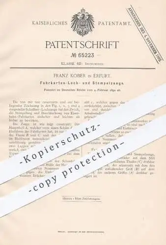 original Patent - Franz Kober , Erfurt , 1892 , Zange zum Stempeln u. Lochen von Fahrkarten | Schaffner , Straßenbahn