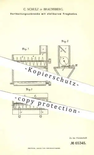 original Patent - C. Schulz , Braunsberg , 1892 , Verteilungsschnecke mit stellbarem Trogboden | Hebezeuge , Förderband