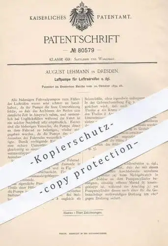 original Patent - August Lehmann , Dresden , 1894 , Luftpumpe für Luftradreifen | Luftreifen , Reifen , Rad , Luft !!!