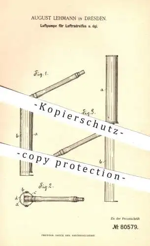 original Patent - August Lehmann , Dresden , 1894 , Luftpumpe für Luftradreifen | Luftreifen , Reifen , Rad , Luft !!!