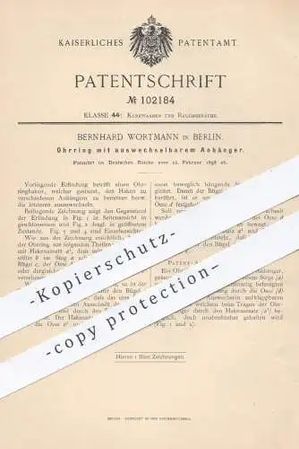 original Patent - Bernhard Wortmann , Berlin , 1898 , Ohrring mit wechselndem Anhänger | Ohringe , Schmuck , Goldschmied