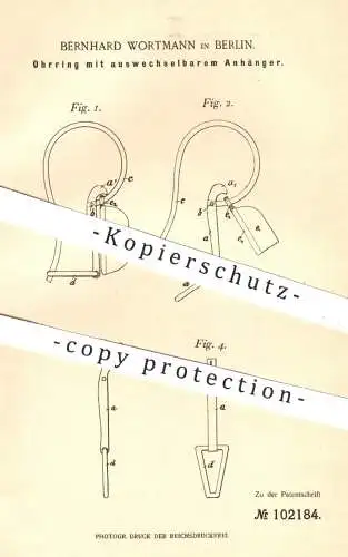 original Patent - Bernhard Wortmann , Berlin , 1898 , Ohrring mit wechselndem Anhänger | Ohringe , Schmuck , Goldschmied