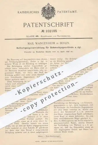 original Patent - Max Wangenheim , Berlin , 1898 , Nadel , Brosche zur Befestigung von Schmuck , Orden | Goldschmied !!