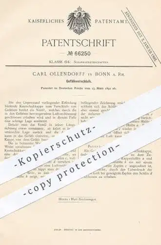 original Patent - Carl Ollendorf , Bonn / Rhein , 1892 , Gefäßverschluss aus Kautschuk | Verschluss für Flaschen !!!