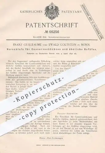 original Patent - Franz Guilleaume , Ewald Golstein , Bonn , 1892 , Verschluss für Konserven - Büchsen | Dose , Dosen !!