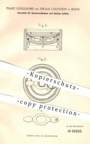 original Patent - Franz Guilleaume , Ewald Golstein , Bonn , 1892 , Verschluss für Konserven - Büchsen | Dose , Dosen !!