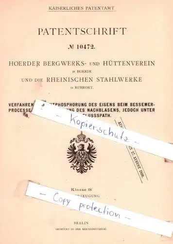 original Patent - Hoerdern Bergwerks- und Hüttenverein in Hoerde , 1879 , Entphosphorung des Eisens !!!