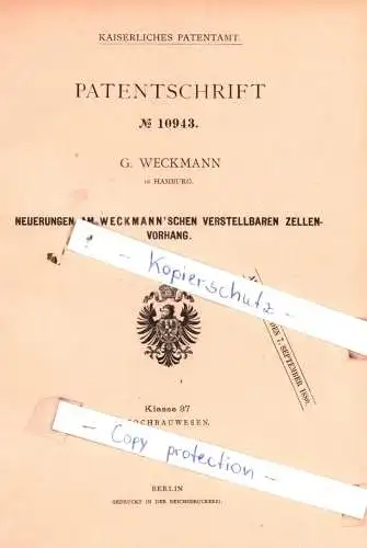 original Patent - W. Weckmann in Hamburg , 1879 , Neuerungen am Weckmann `schen Zellenvorhang !!!