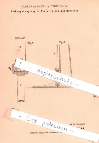 original Patent - Gustaf de Laval in Stockholm , 1880 , Reibungskupplung in Gestalt eines Kugelgelenks !!!