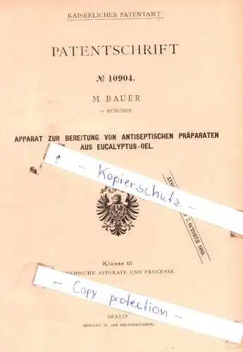 original Patent -  M. Bauer in München , 1880 , Apparat zur Bereitung von Präparaten !!!