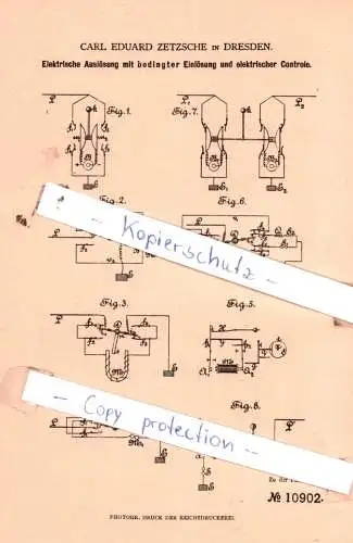 original Patent - Carl Eduard Zetsche in Dresden , 1880 , Elektrische Auslösung mit Einlösung !!!