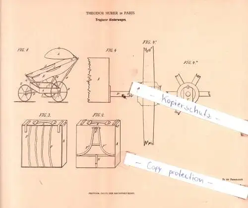 original Patent - Theodor Murer in Paris , 1880 , Tragbarer Kinderwagen !!!