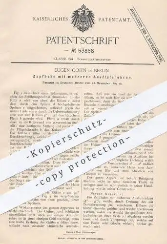 original Patent - Eugen Cohn , Berlin , 1889 , Zapfhahn mit mehreren Ausflussrohren | Zapfanlage , Bier , Wein !!!