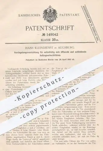 original Patent - H. Kleindienst , Augsburg , 1903 , Verriegelung für Aufzugsschachttüren | Aufzug , Aufzüge , Fahrstuhl