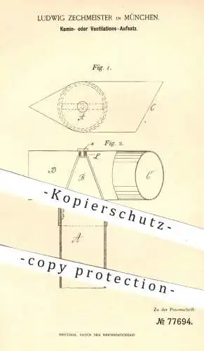 original Patent - Ludwig Zechmeister , München , 1892 , Aufsatz für Kamin oder Ventilation | Kaminofen , Ofen , Öfen !!!