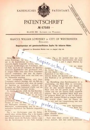 original Patent -  Marcus William Lowinsky in City of Westminster , England , 1892 , Sattlerei und Wagenbau !!!