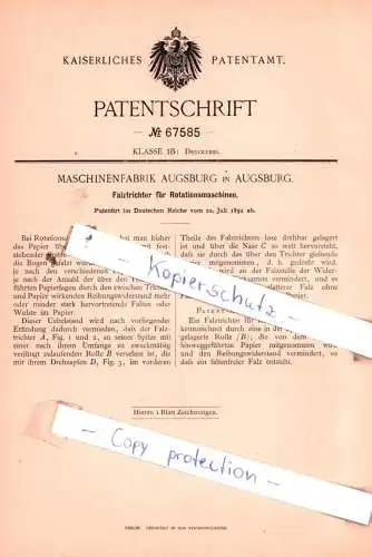 original Patent -  Maschinenfabrik Augsburg in Augsburg , 1892 , Druckerei !!!