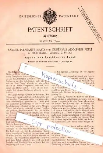 original Patent - Samuel Mayo und Gustavus Peple in Richmond , Virginia, V. St. A. , 1892 , Tabak !!!