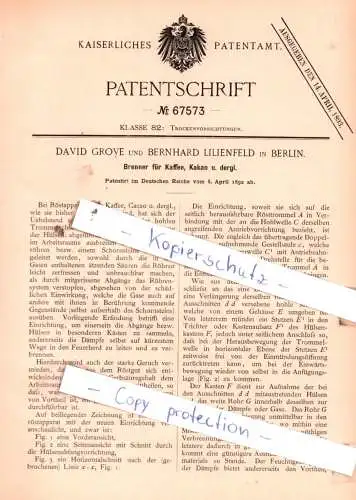 original Patent - David Grove und Bernhard Lilienfeld in Berlin , 1892 , Brenner für Kaffee, Kakao u. dergl. !!!