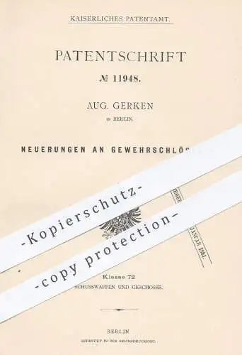 original Patent - Aug. Gerken , Berlin , 1880 , Gewehrschloss | Gewehre , Waffen , Jagd , Militär , Gewehr , Waffe !!