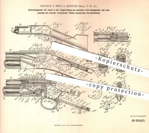 original Patent - Derrick S. West , Boston , Massachusets USA , 1892 , Hinterlade - Gewehr | Waffen , Jagd , Militär