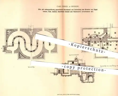 original Patent - Carl Emmel , Hoerde , 1878 , Ofen zum Brennen von Ziegel , Kalk , Zement , Ton | Brennofen , Öfen !!!