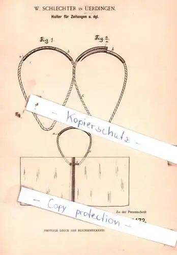 original Patent - W. Schlechter in Uerdingen , 1898 , Halter für Zeitungen u. dgl. !!!