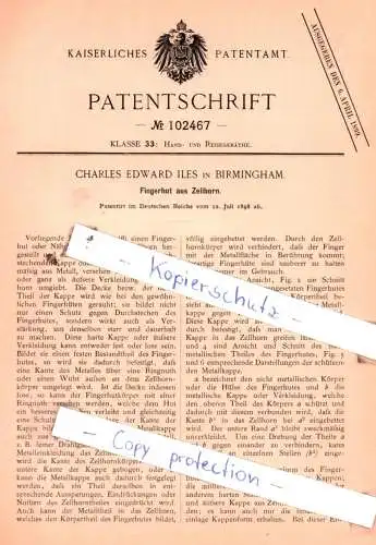 original Patent - Charles Edward Iles in Birmingham , 1898 , Fingerhut aus Zellhorn !!!