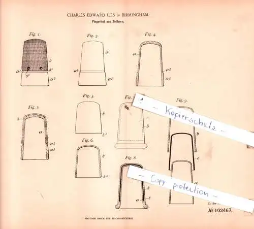 original Patent - Charles Edward Iles in Birmingham , 1898 , Fingerhut aus Zellhorn !!!