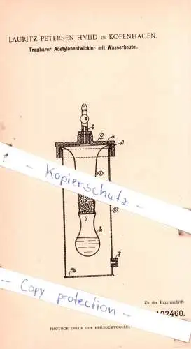 original Patent - Lauritz Petersen Hviid in Kopenhagen , 1897 , Tragbarer Acetylenentwickler mit Wasserbeutel !!!