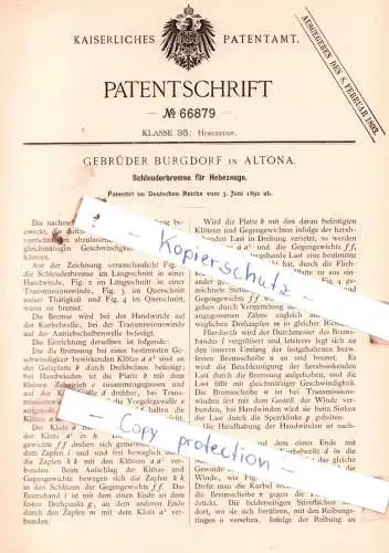 original Patent -  Gebrüder Burgdorf in Hamburg / Altona , 1892 , Schleuderbremse für Hebezeuge !!!