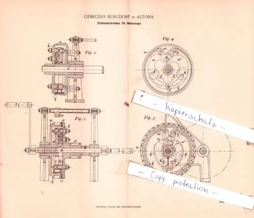 original Patent -  Gebrüder Burgdorf in Hamburg / Altona , 1892 , Schleuderbremse für Hebezeuge !!!